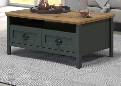 Produktbild von Couchtisch "Stanton" Landhaus grün mit Eiche 101 x 60 cm, Wohnzimmer Tisch mit Schubladen