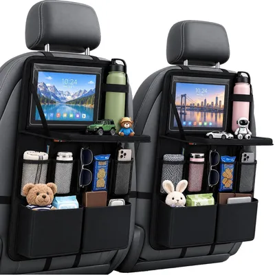 Productafbeelding van 2 stuks autostoel organizer voor kinderen, met inklapbaar tafelblad en tablet houder, 62x42 cm, zwart