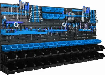 Zdjęcie produktu dla Wiszący panel narzędziowy 173x78cm z 57 szt. Montowane na ścianie niebieskie skrzynki z zestawem plastikowych uchwytów
