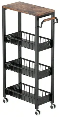 Immagine prodotto di Carrello portaoggetti - Carrello a 4 ripiani, stretto - Larghezza 20 cm - Piano in legno - Struttura in metallo - Ruote - Colore nero