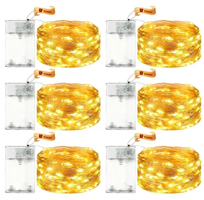 LED-Lichterkette 6er-Set, 5 m, 50 LEDs, warmweiß, Timer, Batterie