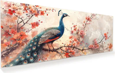 Produktbild von Glasbild 150x60cm in XXL für Wohnzimmer, Schlafzimmer Motiv Pfau und Blüten