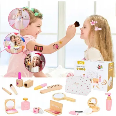 Produktbild von Make-upset aus Holz 15 Stk Holz Kinderschminke Set Schminke Makeup Spielzeug Kinder Kosmetik Spielset Kosmetikkoffer für Kinder ab 2 3 4 und 5 Jahren