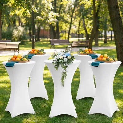 Produktbild von Eikuavons 5er Set Stehtischhusse Stretch Weiß – Elastische Husse für Bistrotisch Ø 60–65 × 110 cm mit 4 Fußlaschen