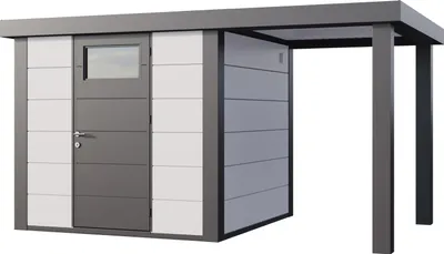 Produktbild von Telluria Metallgerätehaus Classico 2424 mit 170 cm Seitendach weiß Seitendach 170 cm rechts