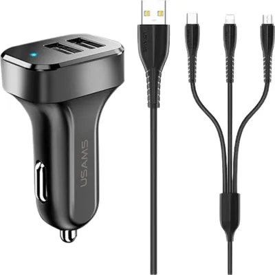 Immagine prodotto di Usams Ład. Auto. 2Xusb C13 2,1A 3W1(Microusb/Usb-C/Lightning) Nero/Nero Ntu35Ytsc13Tz