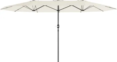 Zdjęcie produktu dla Podwójny parasol Outsunny 436 x 260 cm, stalowy parasol z ochroną UV i korbą, owalny parasol balkonowy, parasol plażowy, wiatroodporny, stabilny parasol ogrodowy, parasol z korbą na plażę, balkon, ogród, beżowy