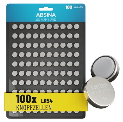 Produktbild von ABSINA 100x AG10 LR1130 Knopfzelle - 1,5V Alkaline Knopfzellen LR54 / V10GA / RW49 / G10A / 189 / GP189 / L1130 / 89A