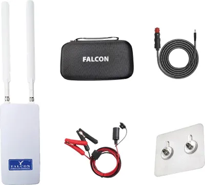 Immagine prodotto di Antenna esterna Falcon LTE 4G Combo Deluxe, con router integrato da 150 Mbit/s e pacchetto di accessori. (per la connessione Internet mobile in roulotte e camper)