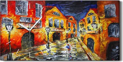 Produktbild von Leinwand Wanduhr Wandkunst Uhr 60x30 Malerei Stadt Gebäude Straßen Nacht Kunst - weiße Hände