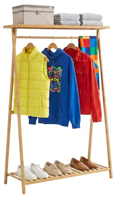 Produktbild von Relaxdays Kleiderständer, Bambus, 2 Ablagen, Kleiderstange, HxBxT: 160 x 100 x 35 cm, Flur, Garderobenständer, natur