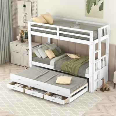 Produktbild von STILVORA Etagenbett 90x200 Bettgestell mit ausziehbarem Bett und 3 Schubladen,Hausbett mit Leiter,Weiß(ohne Matratze)