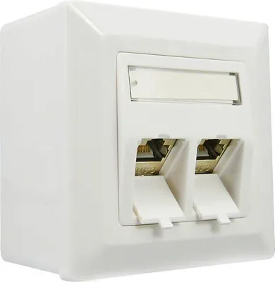 A white network data socket with two ports and a label holder.