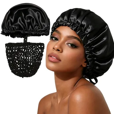 Produktbild von 2-in-1 Verstellbare Satin Doppellagige Schlafmütze mit Abnehmbarem Haarnetz, Schwarz