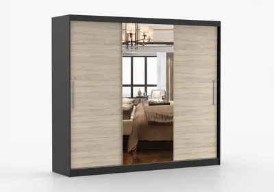 Produktbild von Schwebetürenschrank ABLA II 250 cm Schwarz Sonoma Eiche mit Spiegel, Kleiderschrank Schrank Schlafzimmer, Garderobenschrank mit Schiebetüren