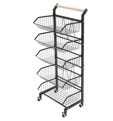 Immagine prodotto di Carrello di servizio - Scaffale da cucina con 5 ripiani - Cesto per verdure removibile - Ruote - Metallo - Nero