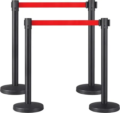 Imagen del producto de 4 unidades de cinta de delimitación de 2 metros de largo, soportes para sistema de control de multitudes, color rojo y negro. Incluye: 2 soportes para vallas, cintas de delimitación, sistema de barreras