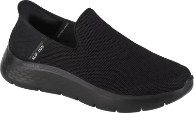 A black Skechers Go Walk Flex No Hands Slip-On shoe is shown from a side angle on a white background.