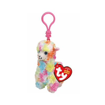A small, plush llama toy with a pink clip attached to its head, shown against a white background.