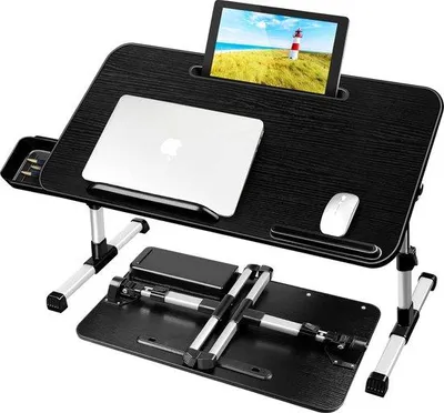Productafbeelding van Famanu Laptoptafel voor het bed, in hoogte verstelbaar en opvouwbaar, met opbergvak en tablet houder, zwart