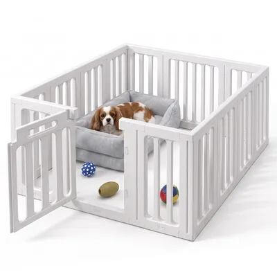 Image de Enclos pour chiots, composé de 14 panneaux et d'une porte verrouillable, hauteur 60 cm, en HDPE, pour chiens et chats, pour intérieur, de couleur blanche