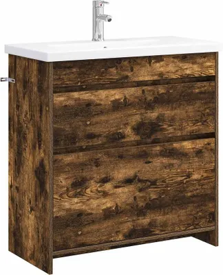 Produktbild von Badezimmermöbel-Set Geräucherte Eiche, Modernes Badmöbel-Set mit Waschbecken und Wasserhahn, Waschtisch mit Unterschrank und 2 Schubladen, 81 x 40 x 84,5 cm