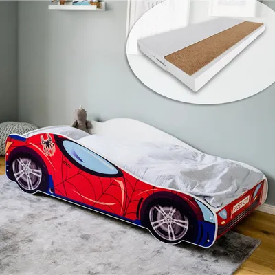 Produktbild von Autobett Kinderbett Jugendbett Spinnenauto-Motiv Kinder Spielbett Rennfahrer mit Matratze 70x140 cm von Geburt bis 6. Lebensjahr