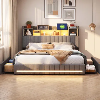 Immagine prodotto di Letto imbottito INONEFT, 160x200 cm, con USB e illuminazione LED, letto matrimoniale con contenitore e 4 cassetti, testiera con spazio contenitore, rete a doghe, lenzuola, colore grigio