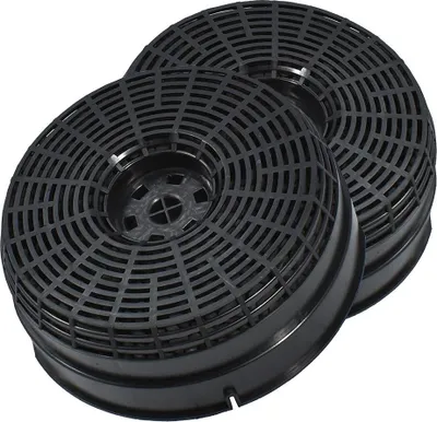 Two black activated carbon filters for a range hood are shown against a white background.