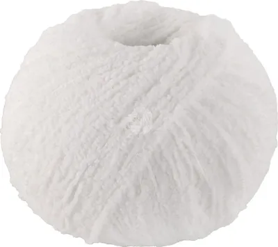 A ball of white yarn on a white background.