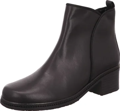 A black leather ankle boot is shown against a white background.