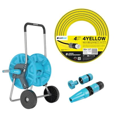 Immagine prodotto di Carrello portatubo Cellfast Aluplus da 1/2" 60 m + tubo da giardino Cellfast 4YELLOW da 1/2" 30 m + set con ugello spruzzatore Cellfast Basic da 1/2"