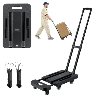 Image de Diable pliable VEVOR, capacité de charge 227 kg, chariot de transport avec 6 roues, 2 câbles élastiques & base extensible, chariot de transport pour aéroport, bagages, déménagements de bureau, noir, 560x305x1010 mm