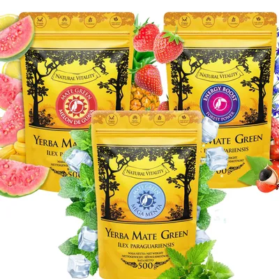 Image de Mate Green Yerba Mate Set 3x500g - Melon Goyave, Mega Menta & Energy Boost - Thé maté premium du Brésil, fruité & rafraîchissant, sans amertume