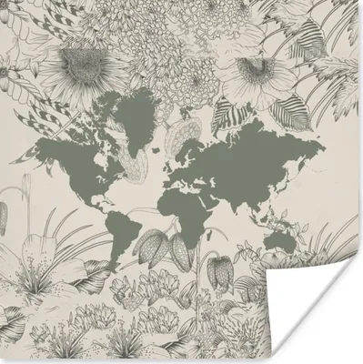 Produktbild von MuchoWow® Poster Weltkarte - Grau - Pflanzen 100x100 cm - Babyzimmer