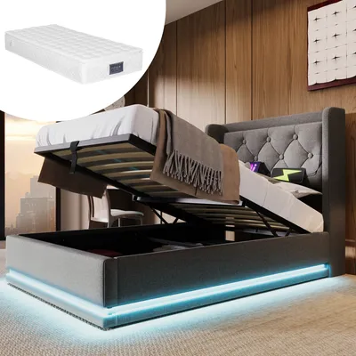 Obrázek produktu pro okwish Boxspring postel, čalouněná postel 90 x 200 cm s čelem s USB nabíjecím portem a LED osvětlením, hydraulická postel se úložným prostorem a zásuvkou (s matrací) - Šedá