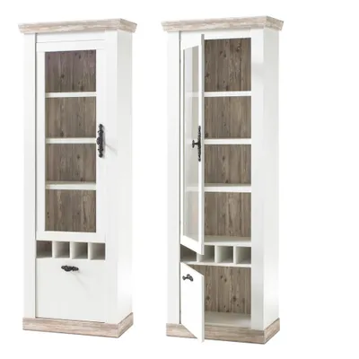 Produktbild von Vitrine im Landhaus Stil Pinie weiß und Oslo Pinie dunkel Nb. FERNA-61 mit Flaschenregal Nb. B/H/T ca. 71x201x37cm