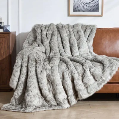 Obrázok produktu pre Luxusná deka z umelého kožušinového materiálu, veľmi hrubá deka vhodná na pohovku alebo posteľ, sivá, 230 × 270 cm