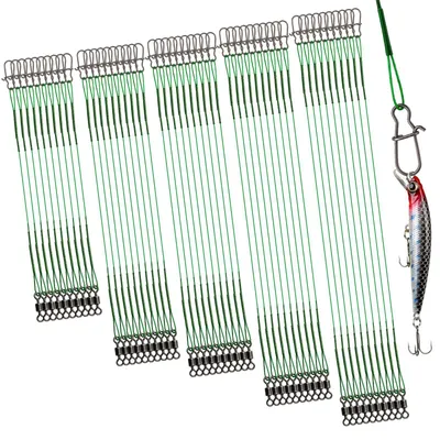 Produktbild von 50 Stück Stahl-Angelsets für Hecht, mit Wirbeln und Karabinerhaken, in 5 verschiedenen Größen