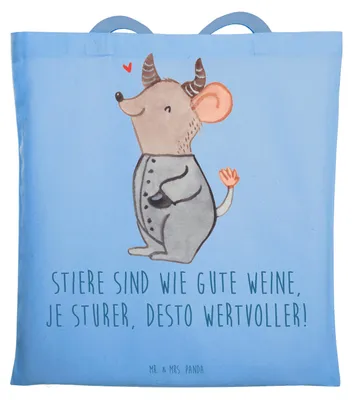 Produktbild von Mr. & Mrs. Panda Schultasche Sturer Stier - Sky Blue - Geschenk, Stiersternzeichen, Geduld, Jutebeutel, Geschenke Sternzeichen, Tote Bag, Shopping Tasche, Stoffbeutel