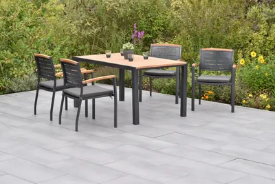 Produktbild von Merxx Gartenmöbel Set Tinos 9tlg., 4 Stapelsessel inkl. Kissen, Tisch 150 x 90 cm- Aluminium/Akazie