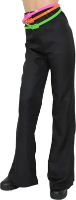 A person wearing black flared pants with three colorful belts around the waist.