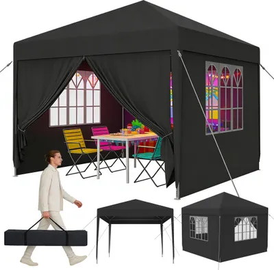 A person is walking past a black pop-up gazebo set up with a table and chairs inside. There are also smaller images of the gazebo.