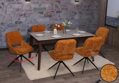 Image de lot de 6 chaises de salle à manger HWC-N73, chaise de cuisine, pivotante Auto-Return, tissu/textile chenille (490g/m²) Oeko-Tex ~ ocre-jaune