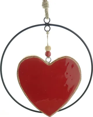 Produktbild von Weihnachtsanhänger Herz Rot mit schwarzem Ring Ø 20 cm - Holz & Metall