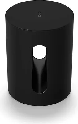 A black Sonos Sub Mini subwoofer is shown from a slightly elevated angle against a white background.
