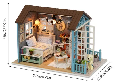 Image de Kit de maison de poupées miniature à monter soi-même - Maquette de cabane en bois assemblée à la main - Maison de poupées miniature avec mobilier et éclairage LED - Cadeau d'anniversaire ou pour la fête des enfants