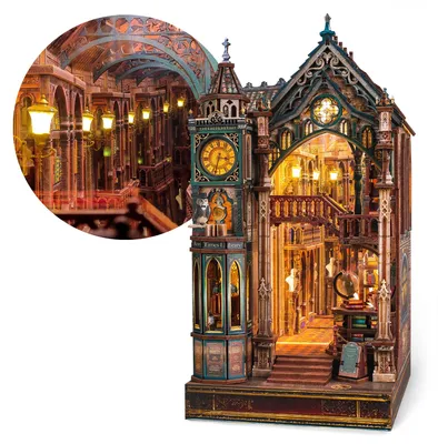Imagen del producto de Kit de construcción de biblioteca mágica, puzzle de madera 3D con luces LED, para adultos