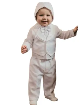 Produktbild von Taufanzug Weiß Baby Junge Gr. 74 80 Anzug 9-12 Monate Set 5-tlg Hemd Hose Weste Fliege Mütze