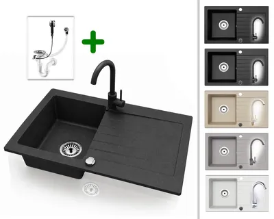 Produktbild von Granitspüle 76x44 cm mit Armatur Schwarz Gesprenkelt – Küchenspüle aus Granit, Einbauspüle Eckig, Beidseitig Montierbar, Spülbecken inkl. Siphon Set, Für 45 cm Unterschrank, Kratzfest & Hitzebeständig : Schwarz Gesprenkelt